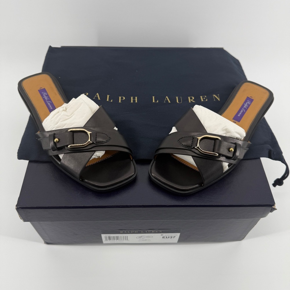 Ralph Lauren Purple Label Eadith Black Burnished Calf Leather Slide Sandals EU37